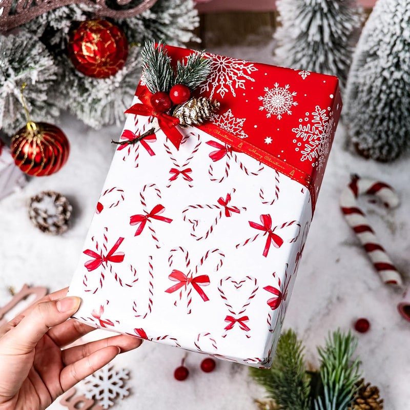 Retrify Christmas Wrapping Paper - Red White Candy Cane with Bow Snowflake Pattern Gift Wrap Paper for Holiday Shower Party Celebration - 17 Inch x 32.8 Feet Mini Roll - Image 3